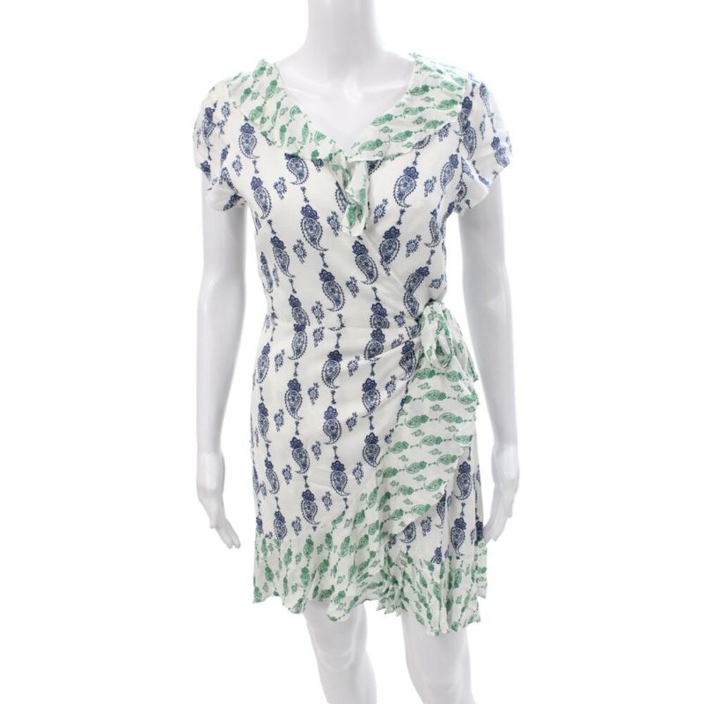 1st Sight Women Wrap Dress White Paisley V-Neck Short Sleeve Tie Rayon Size S